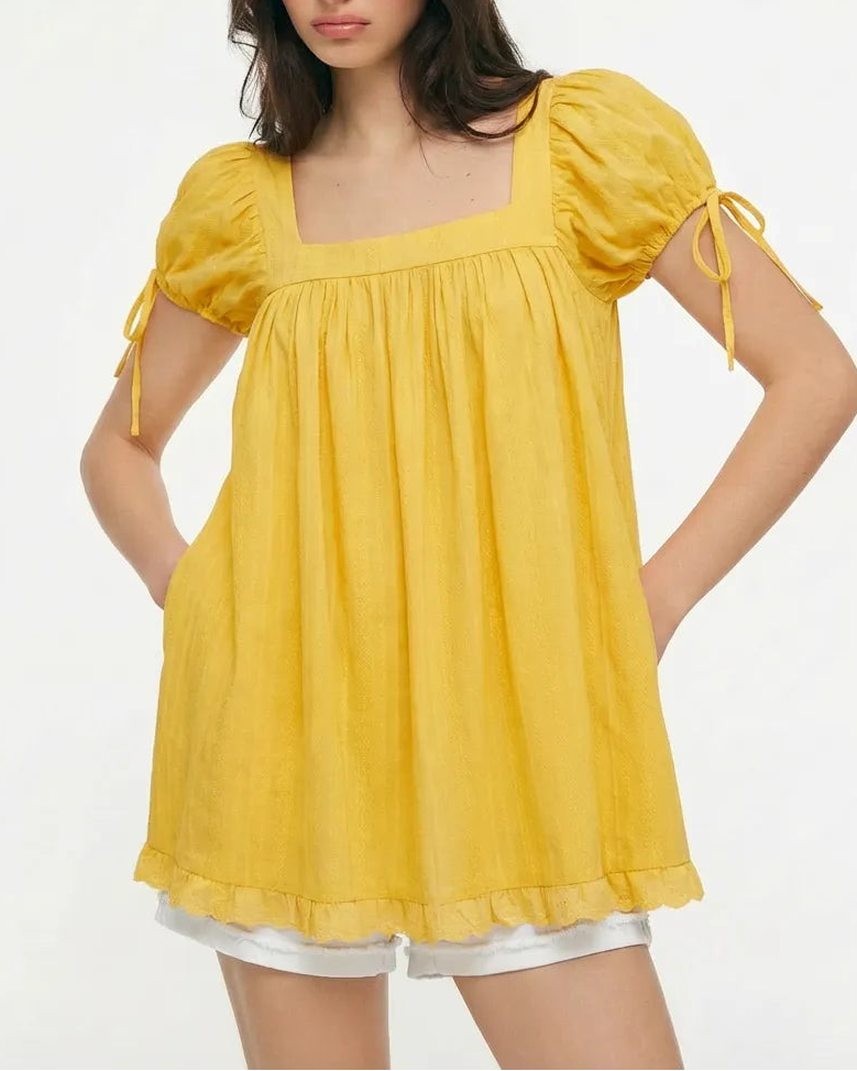 Olivia - Square Neck Ruffle Knot Short Sleeve Blouse