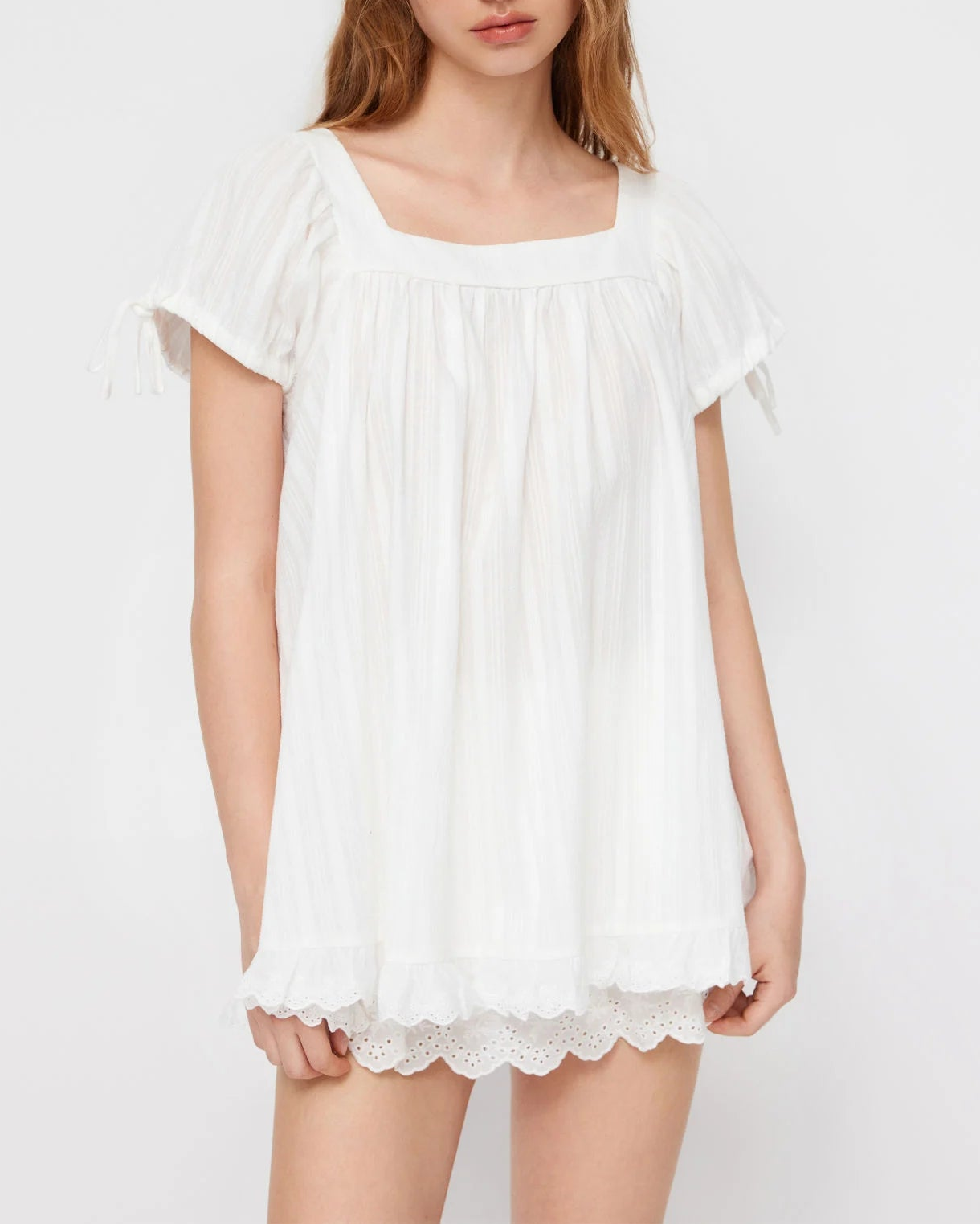 Olivia - Square Neck Ruffle Knot Short Sleeve Blouse