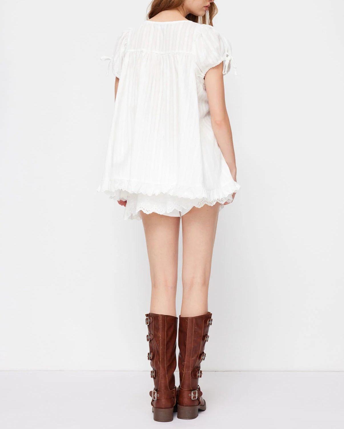 Olivia - Square Neck Ruffle Knot Short Sleeve Blouse