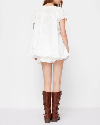 Olivia - Square Neck Ruffle Knot Short Sleeve Blouse