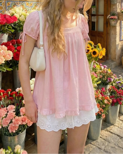 Olivia - Square Neck Ruffle Knot Short Sleeve Blouse