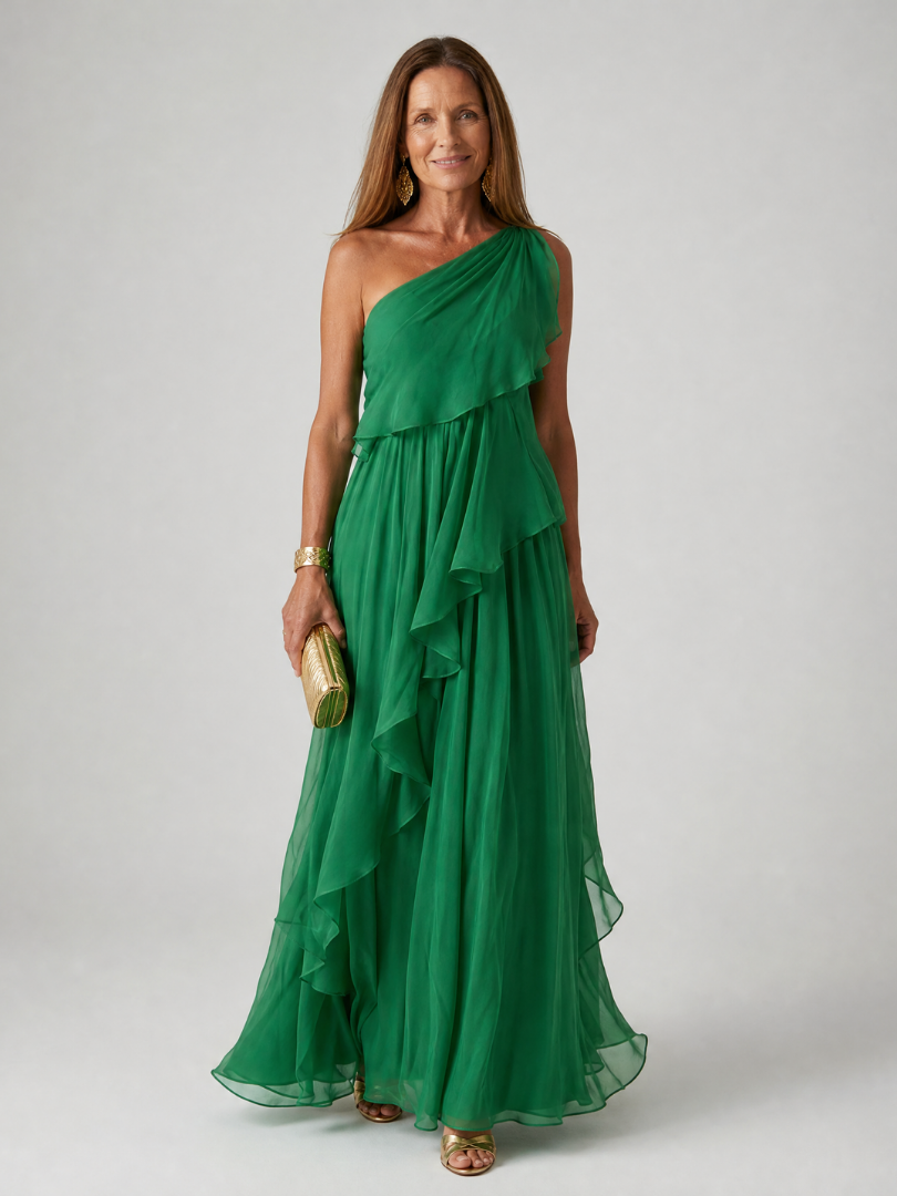 Sultana | Maxi abito verde monospalla con volant a cascata