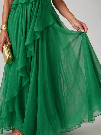 Sultana | Maxi abito verde monospalla con volant a cascata