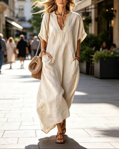Pamela - Vestido Maxi Holgado Cuello en V & Bolsillos