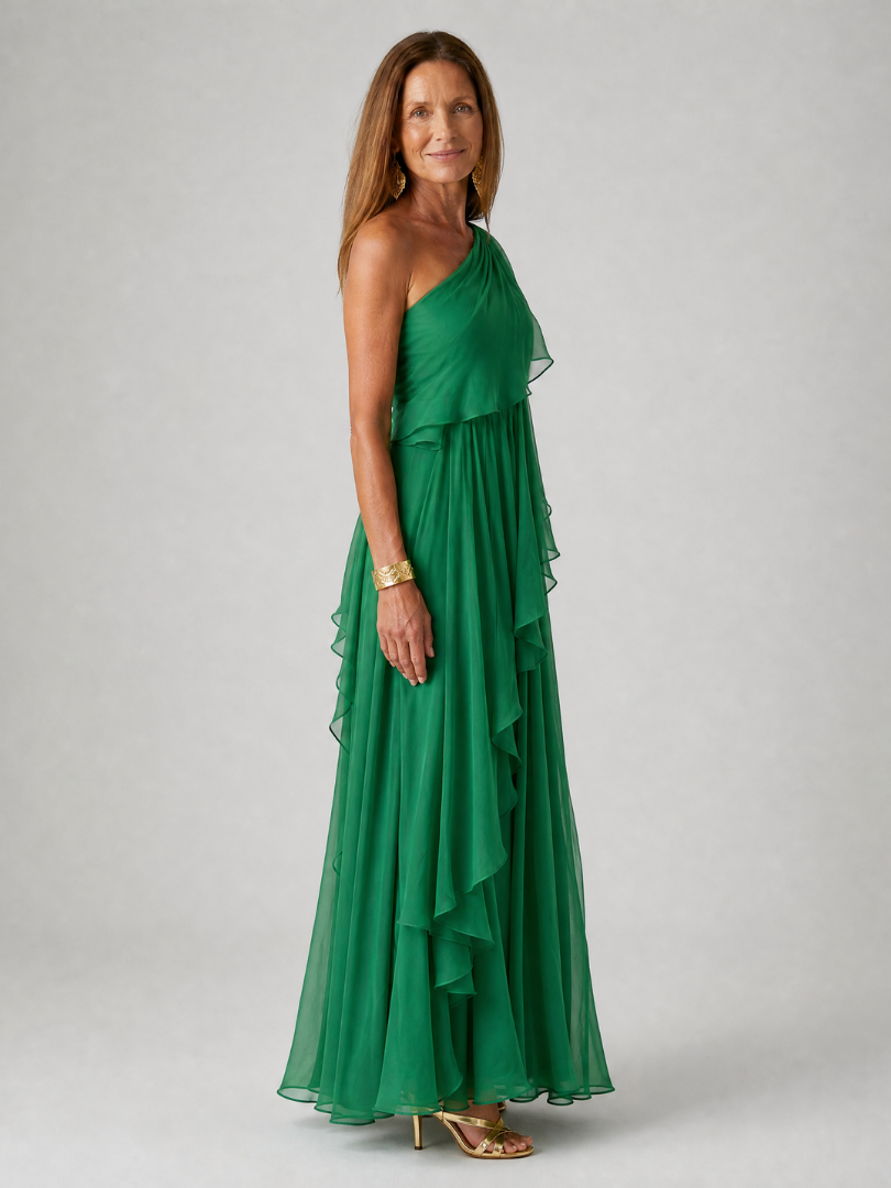 Sultana | Maxi abito verde monospalla con volant a cascata
