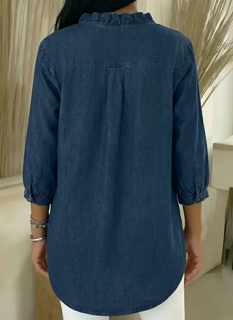 Sue - V-Neck Denim Shirt with Ruffle Detail