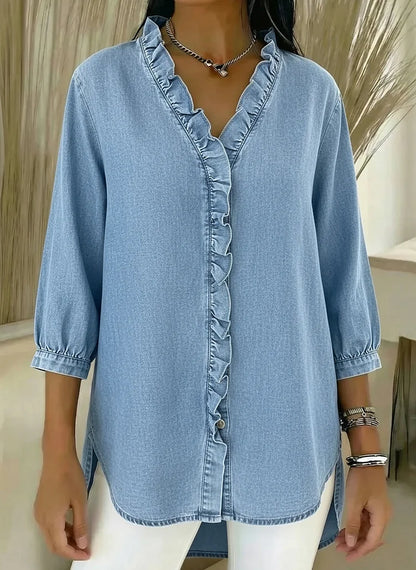 Sue - V-Neck Denim Shirt with Ruffle Detail