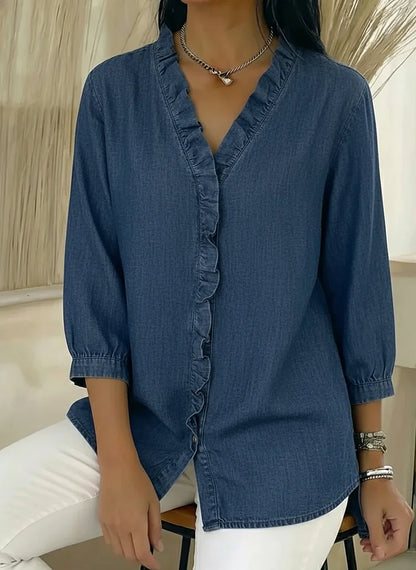 Sue - V-Neck Denim Shirt with Ruffle Detail