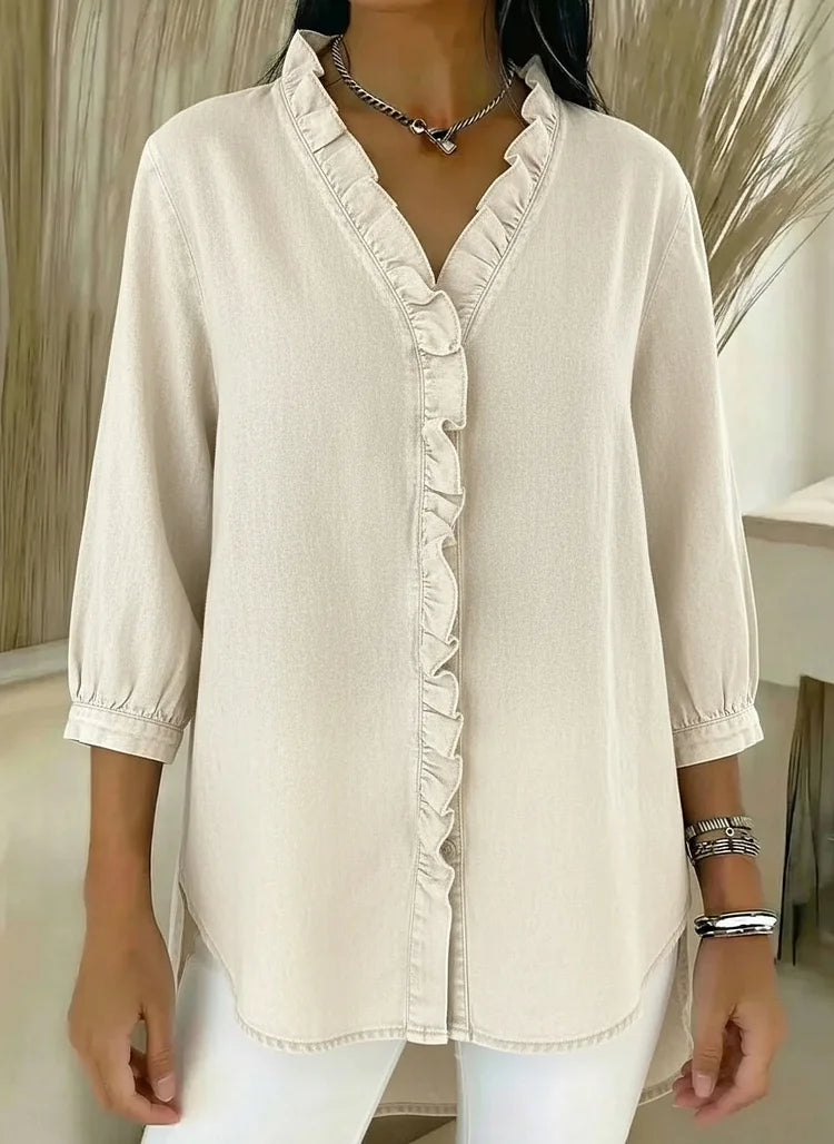 Sue - V-Neck Denim Shirt with Ruffle Detail