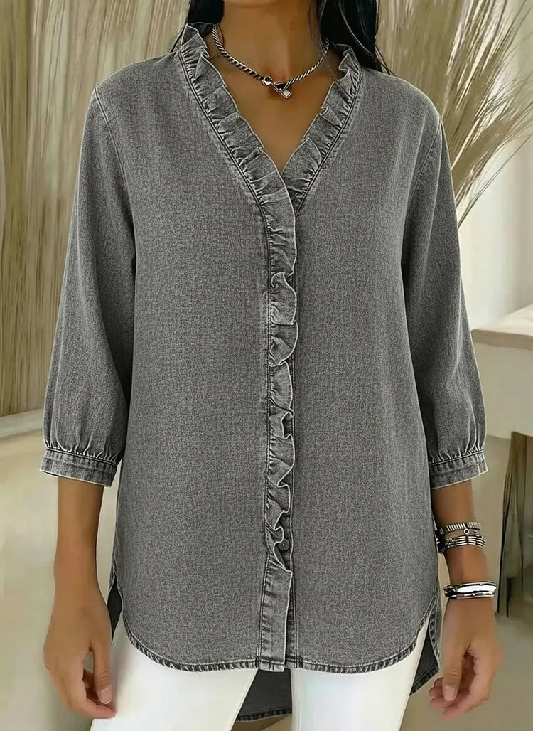 Sue - V-Neck Denim Shirt with Ruffle Detail
