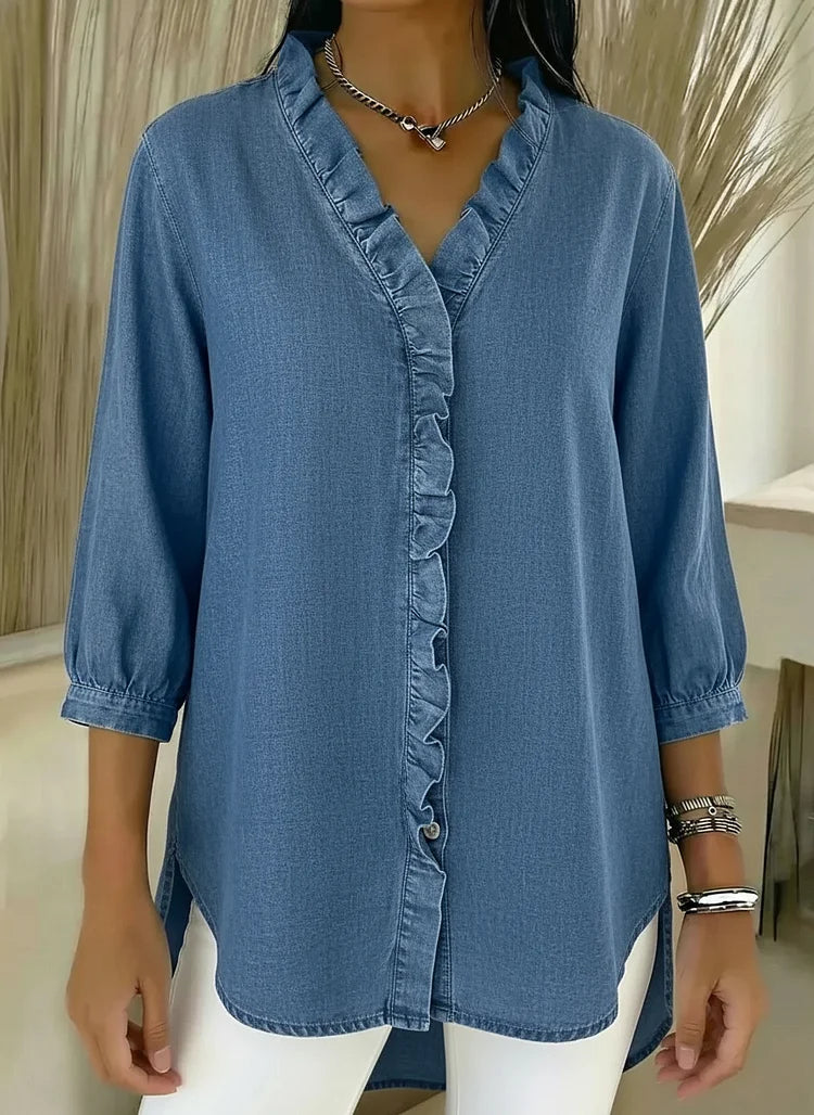 Sue - V-Neck Denim Shirt with Ruffle Detail