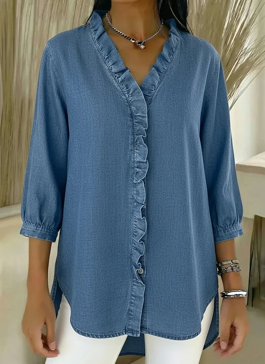 Sue - V-Neck Denim Shirt with Ruffle Detail