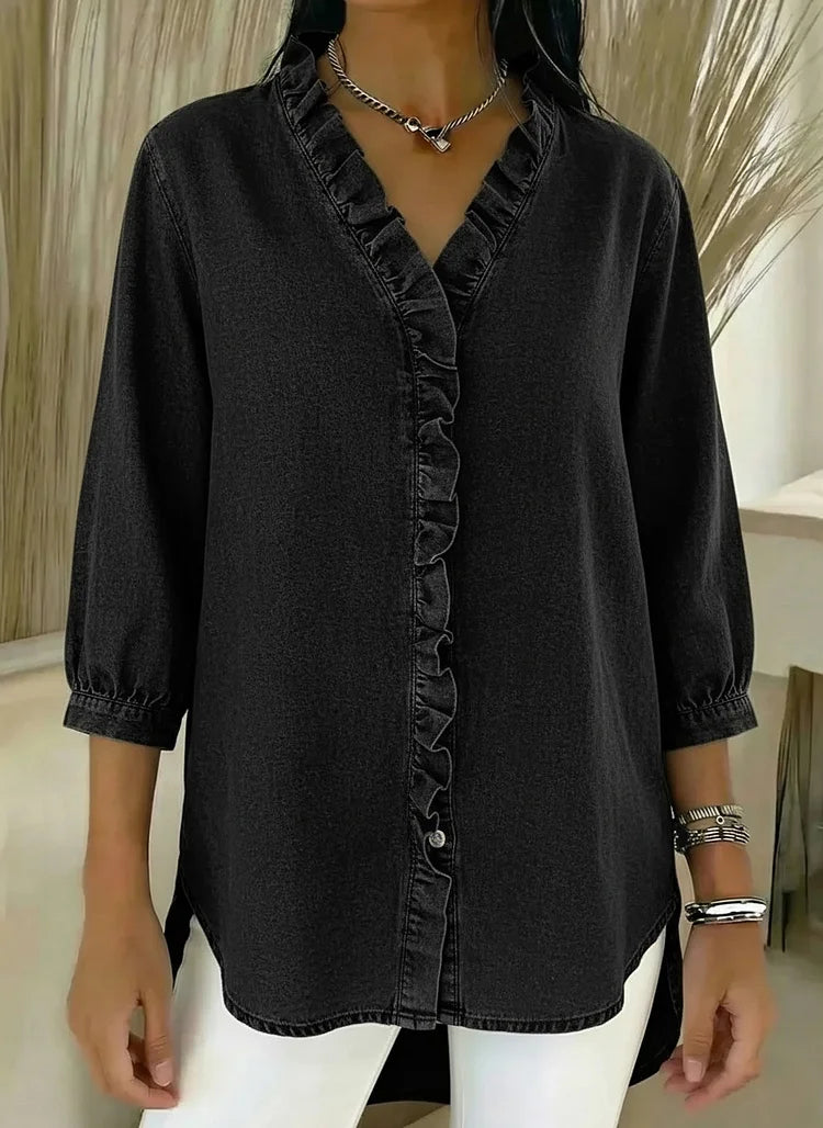 Sue - V-Neck Denim Shirt with Ruffle Detail