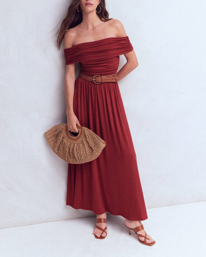 Daniela — Vestido Maxi Burdeos Hombros Descubiertos