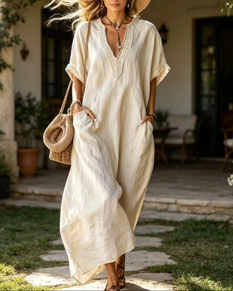 Pamela - Vestido Maxi Holgado Cuello en V & Bolsillos