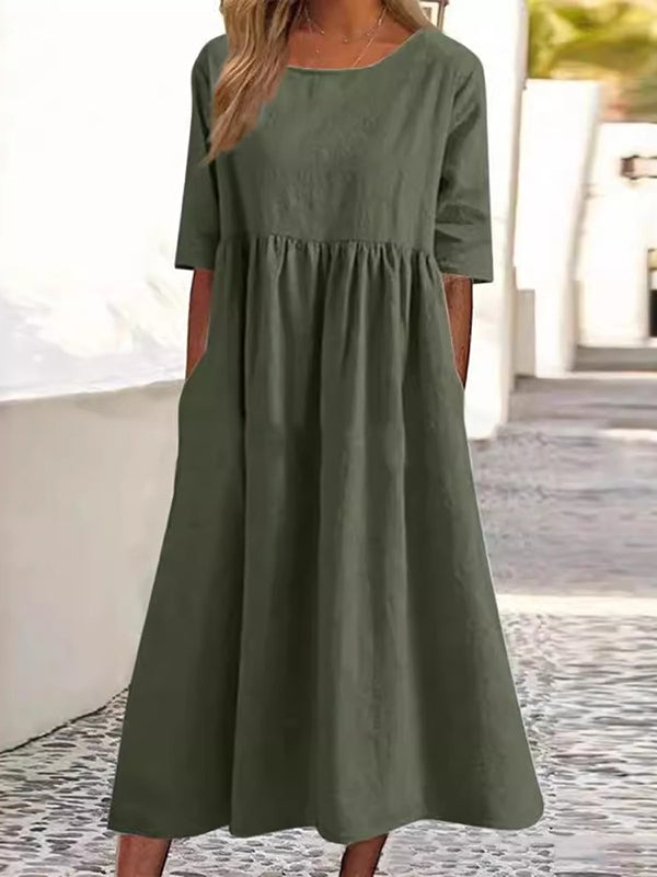 Amara - Vestido Midi Manga Media con Plisados
