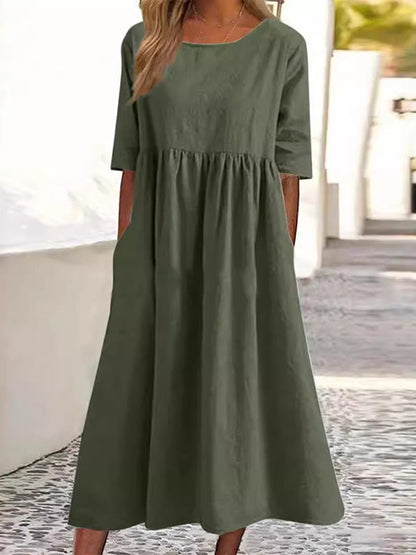 Amara - Vestido Midi Manga Media con Plisados