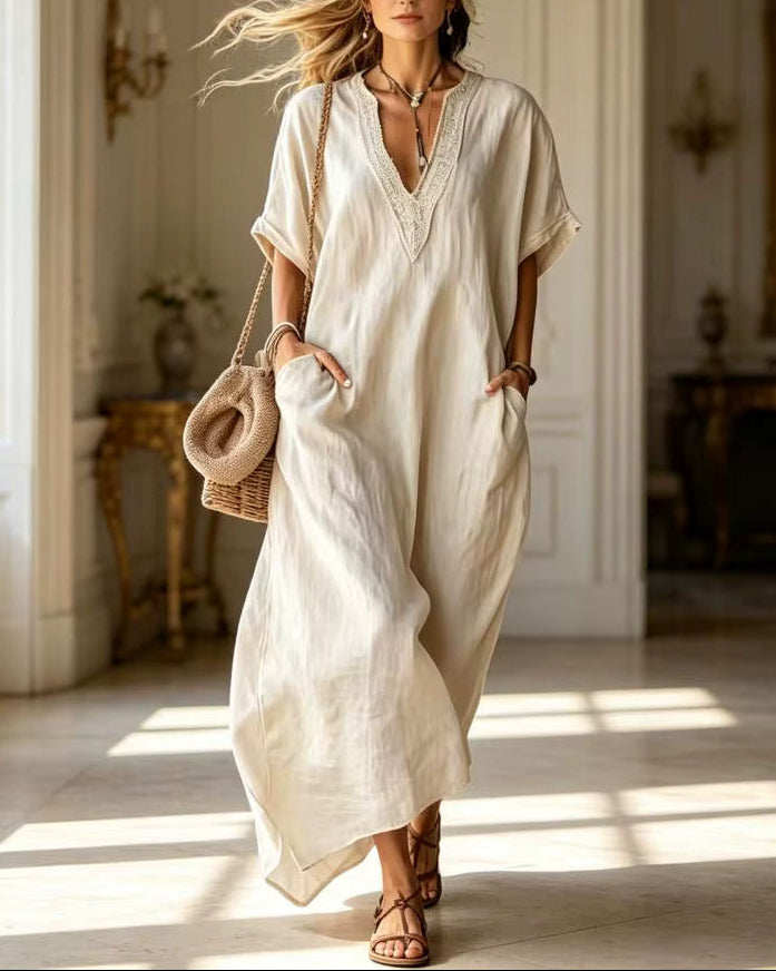 Pamela - Vestido Maxi Holgado Cuello en V & Bolsillos