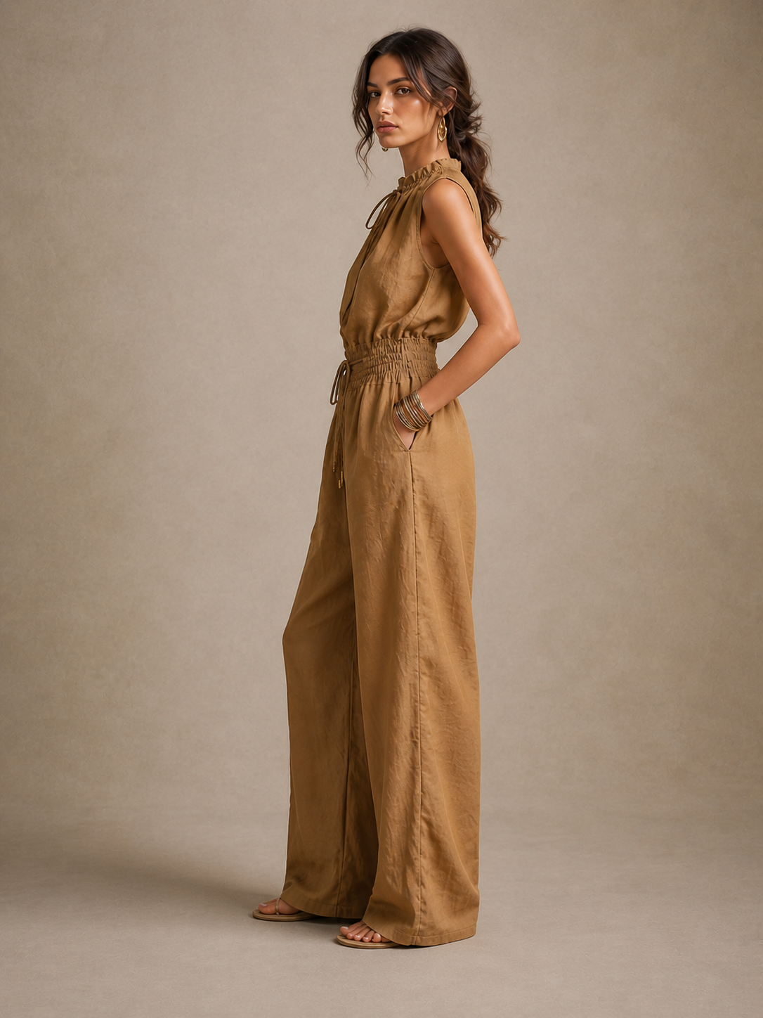 Cassandra - Mono Elegante Pierna Ancha Color Camel
