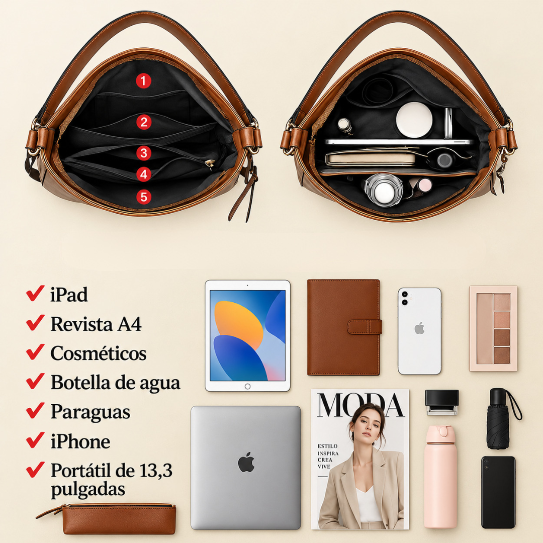 Élite Cuero - Elegante Bolsa Organizada Antirrobo + Cartera a Juego de Regalo