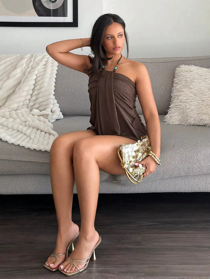 Bruna- Vestido Corto Ajustado Escote fruncido Sin Mangas