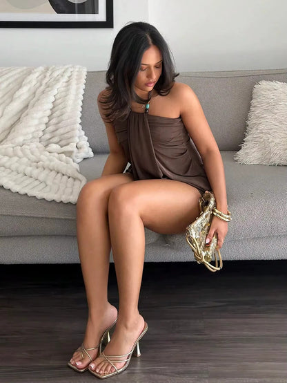 Bruna- Vestido Corto Ajustado Escote fruncido Sin Mangas