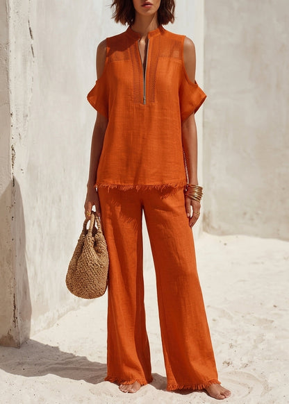 Anissa I Conjunto Boho Chic: Top Sin Manga & Aberturas y Bastilla + Pantalón
