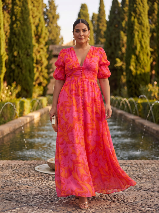 Claire - Vestido Largo Escote V & Manga Abullonada