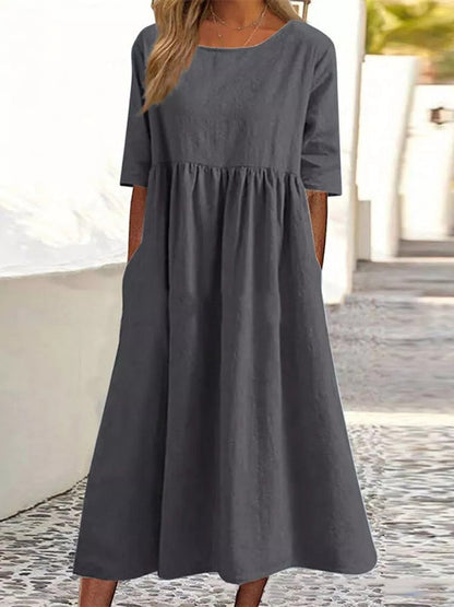 Amara - Vestido Midi Manga Media con Plisados