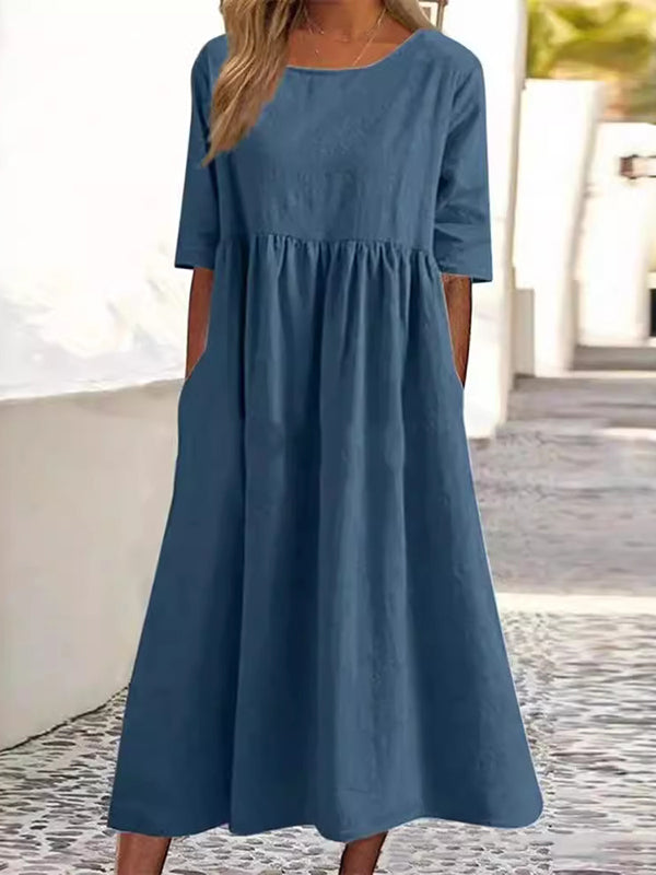 Amara - Vestido Midi Manga Media con Plisados