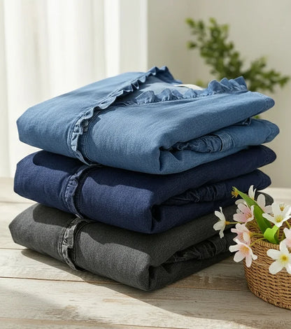 Sue - V-Neck Denim Shirt with Ruffle Detail
