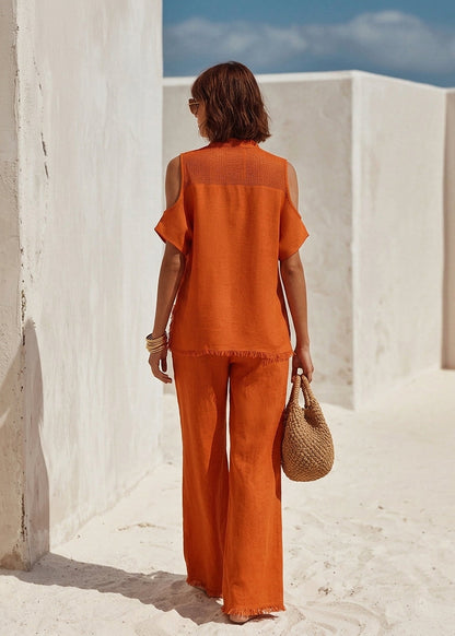 Anissa I Conjunto Boho Chic: Top Sin Manga & Aberturas y Bastilla + Pantalón