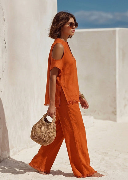 Anissa I Conjunto Boho Chic: Top Sin Manga & Aberturas y Bastilla + Pantalón