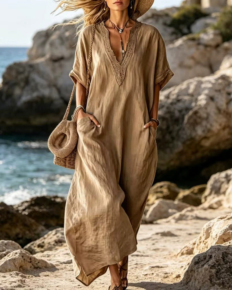 Pamela - Vestido Maxi Holgado Cuello en V & Bolsillos