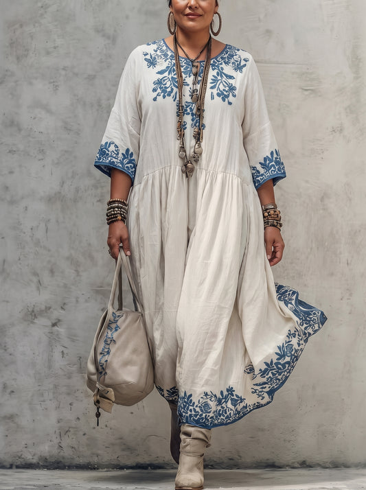 Carolina - Vestido Midi Holgado de Lino Estampado
